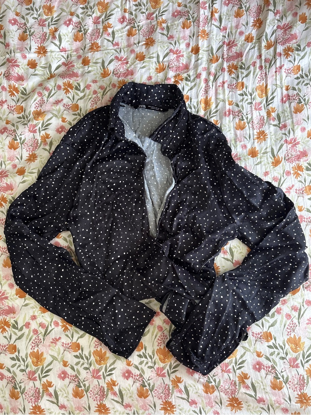 Zara Polka Dot Long Sleeve Wrap Top Size Small Tie Front Blouse Chic